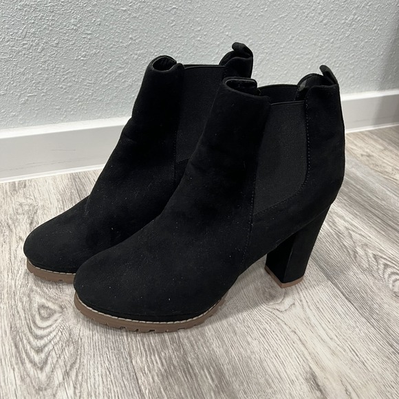 Ankle Booties Women 9 Block Heel Elastic Black‎ Boots Lug Sole Comfortable Shoes - Picture 1 of 8